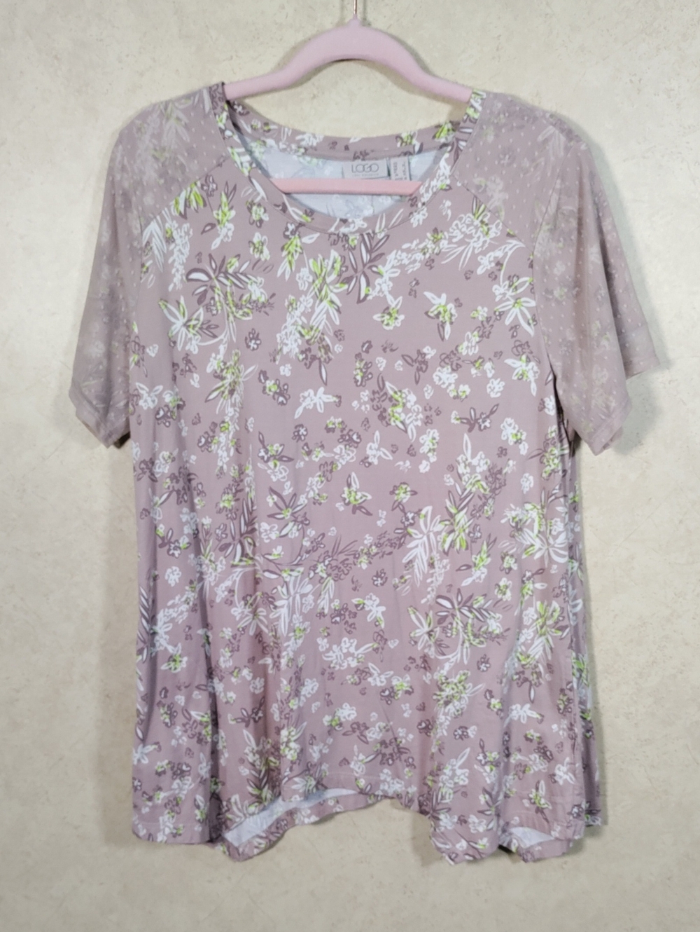 H182 LOGO Lori Goldstein Floral Short Sleeve Women's Top L